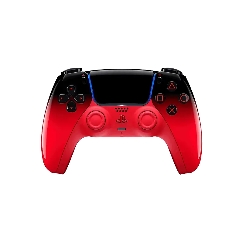 Sony DualSense Techno Red wireless controller showing its glossy black-to-red gradient finish, front controls, rear grips, and retail packaging - THARAA STORE