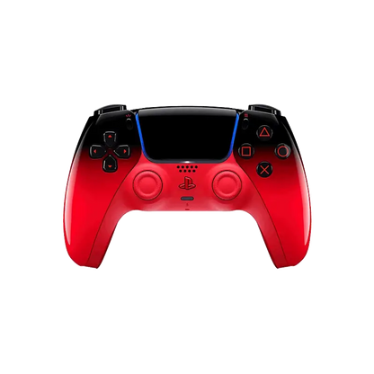 Sony DualSense Techno Red wireless controller showing its glossy black-to-red gradient finish, front controls, rear grips, and retail packaging - THARAA STORE