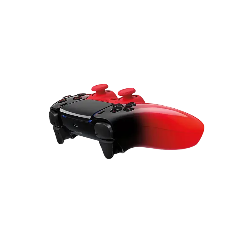 Sony DualSense Techno Red wireless controller showing its glossy black-to-red gradient finish, front controls, rear grips, and retail packaging - THARAA STORE