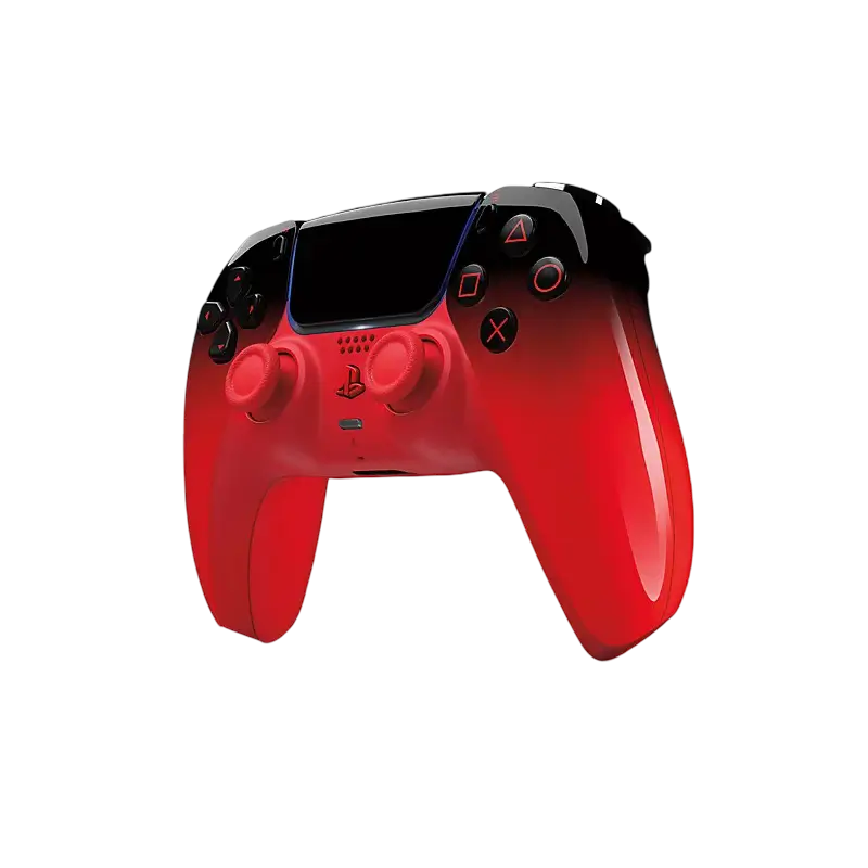 Sony DualSense Techno Red wireless controller showing its glossy black-to-red gradient finish, front controls, rear grips, and retail packaging - THARAA STORE