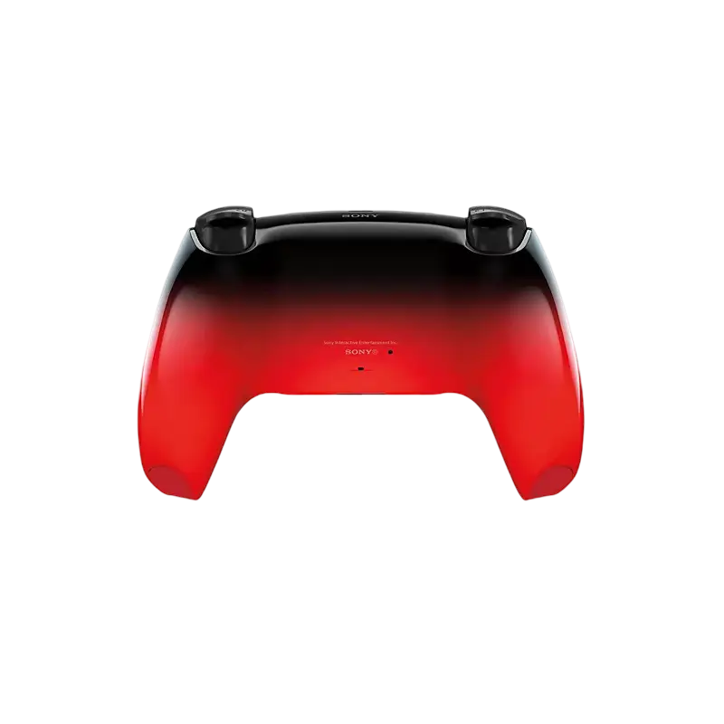 Sony DualSense Techno Red wireless controller showing its glossy black-to-red gradient finish, front controls, rear grips, and retail packaging - THARAA STORE