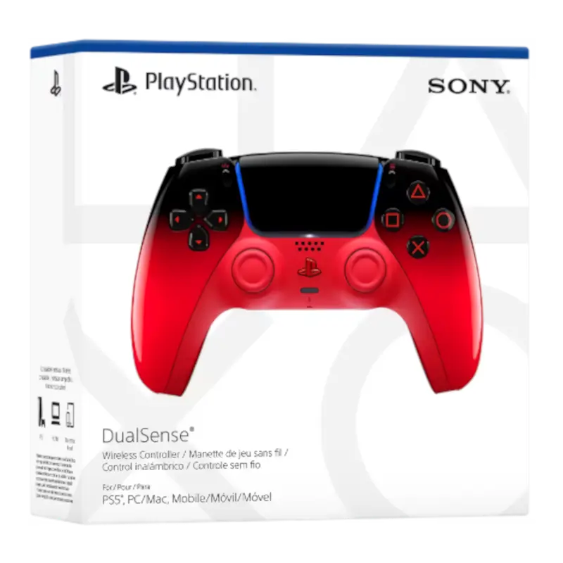 Sony DualSense Techno Red wireless controller showing its glossy black-to-red gradient finish, front controls, rear grips, and retail packaging - THARAA STORE