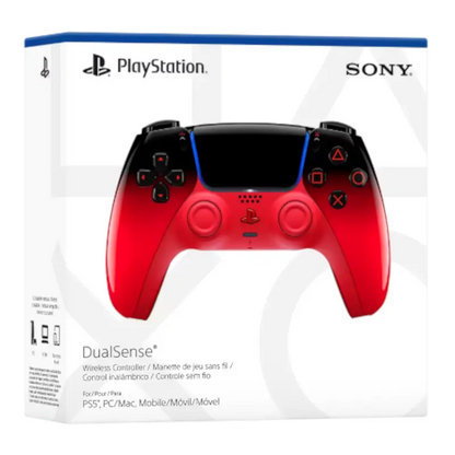 Sony DualSense Techno Red wireless controller showing its glossy black-to-red gradient finish, front controls, rear grips, and retail packaging - THARAA STORE