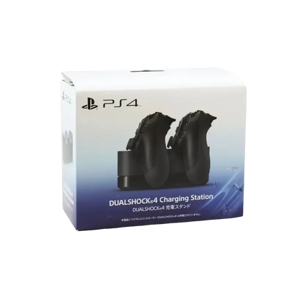 Black Sony DUALSHOCK 4 charging station for PS4, shown beside its PS4-branded retail box - THARAA STORE