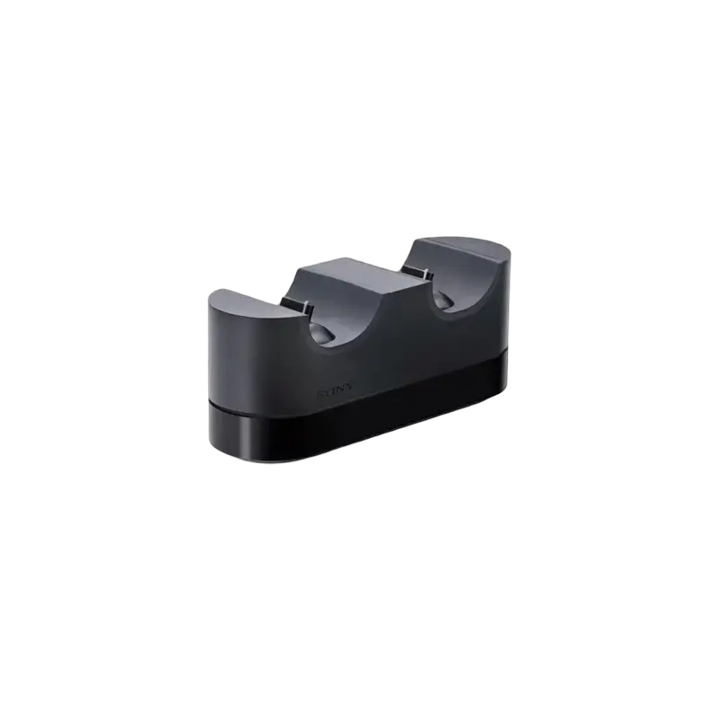 Black Sony DUALSHOCK 4 charging station for PS4, shown beside its PS4-branded retail box - THARAA STORE