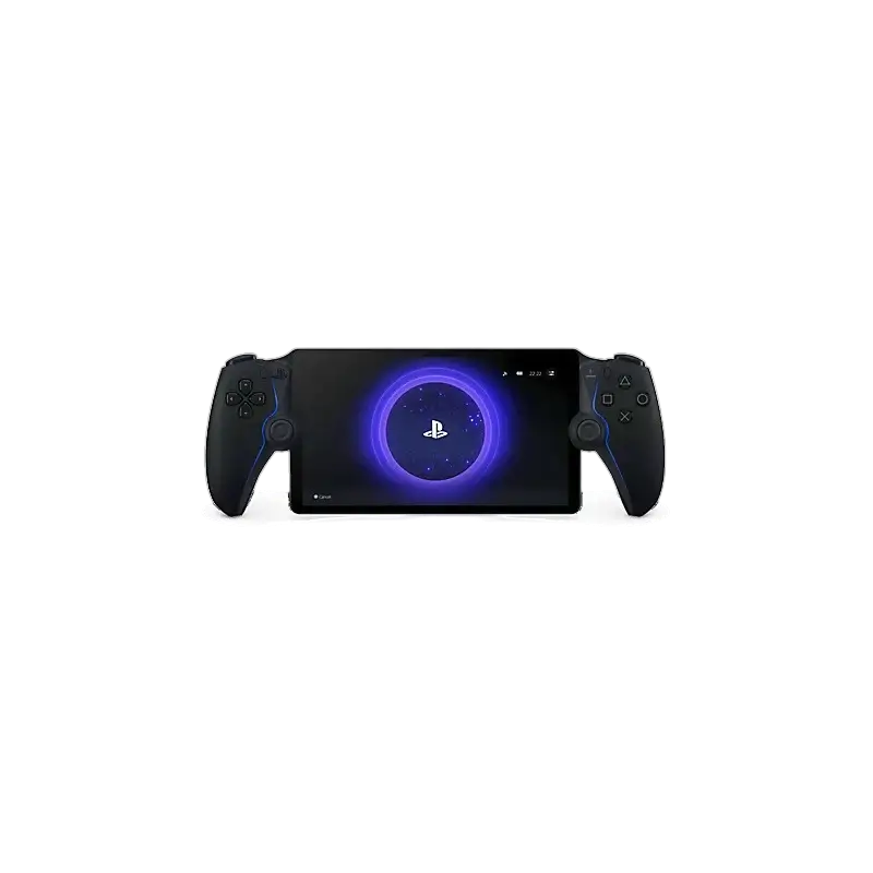 Sony PlayStation Portal Remote Player in Midnight Black, shown from the front and angled views alongside its retail box - THARAA STORE