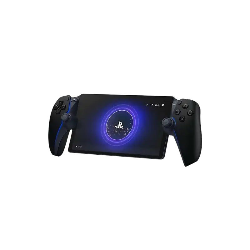 Sony PlayStation Portal Remote Player in Midnight Black, shown from the front and angled views alongside its retail box - THARAA STORE