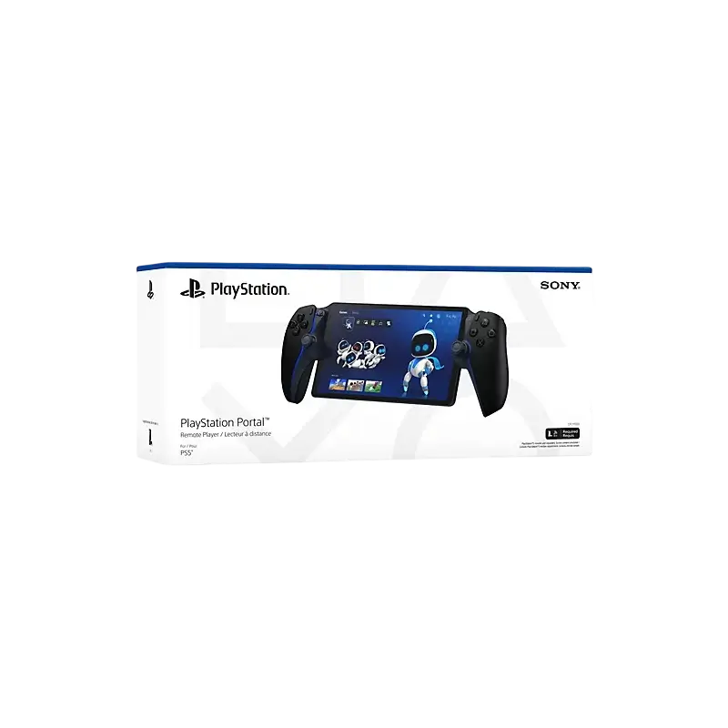 Sony PlayStation Portal Remote Player in Midnight Black, shown from the front and angled views alongside its retail box - THARAA STORE