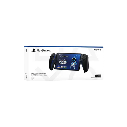 Sony PlayStation Portal Remote Player in Midnight Black, shown from the front and angled views alongside its retail box - THARAA STORE