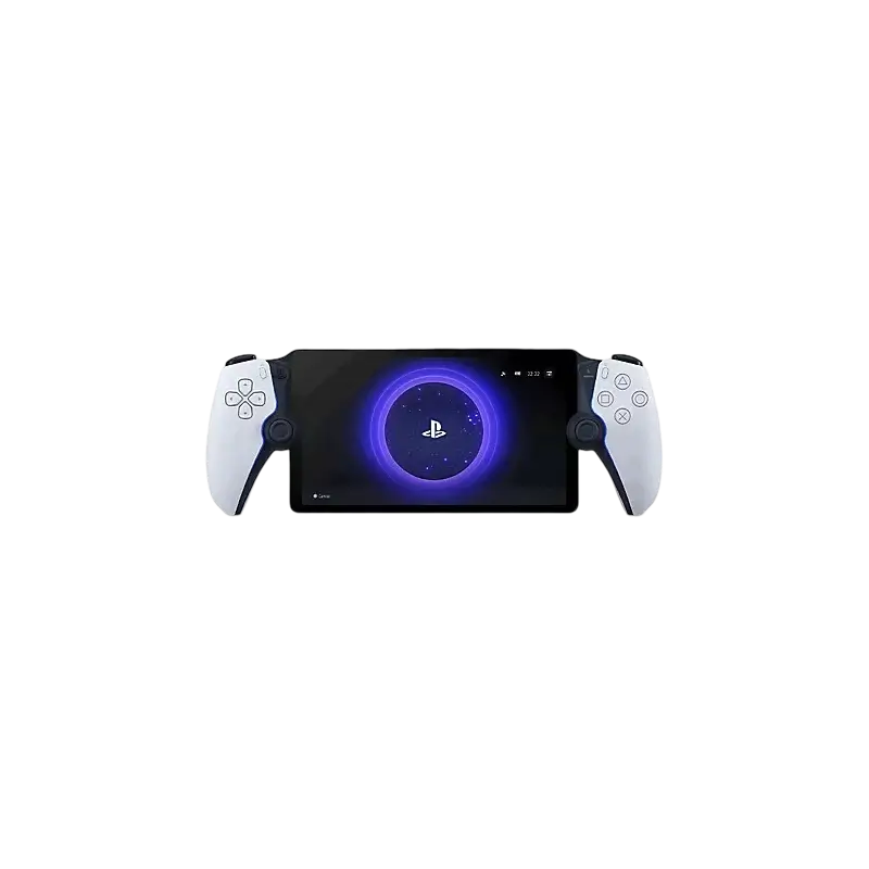 White PlayStation Portal Remote Player with an integrated screen and DualSense-style controls, shown from multiple angles with its retail box - THARAA STORE