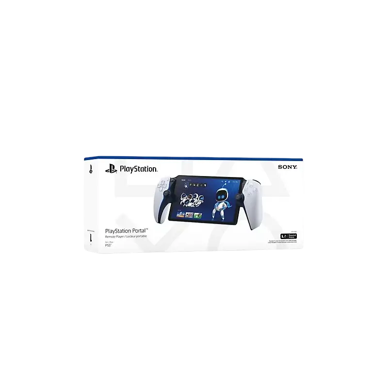 White PlayStation Portal Remote Player with an integrated screen and DualSense-style controls, shown from multiple angles with its retail box - THARAA STORE